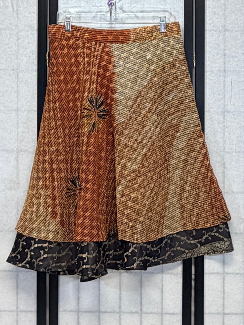 Reversible Wrap Midi Skirt 2 Sides Sari Style Rust Gold Black OS Exotic Carefree - Picture 4 of 11